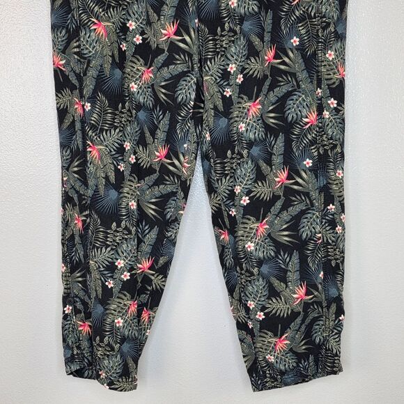 Intro Black & Green Tropical Floral Linen Cropped Flat Pocket Pants Size 14 - Picture 3 of 11